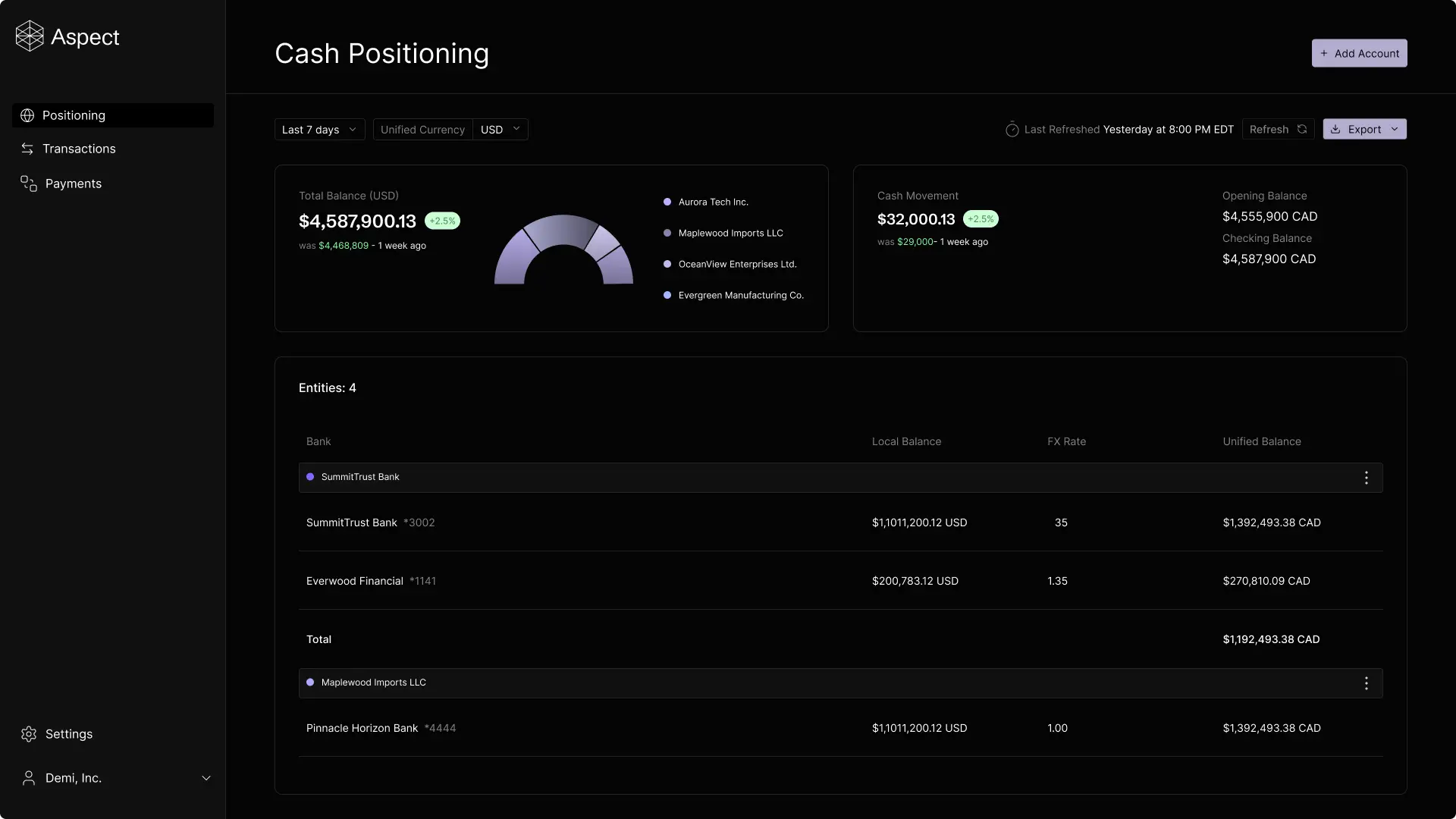 product interface showing connected banks
